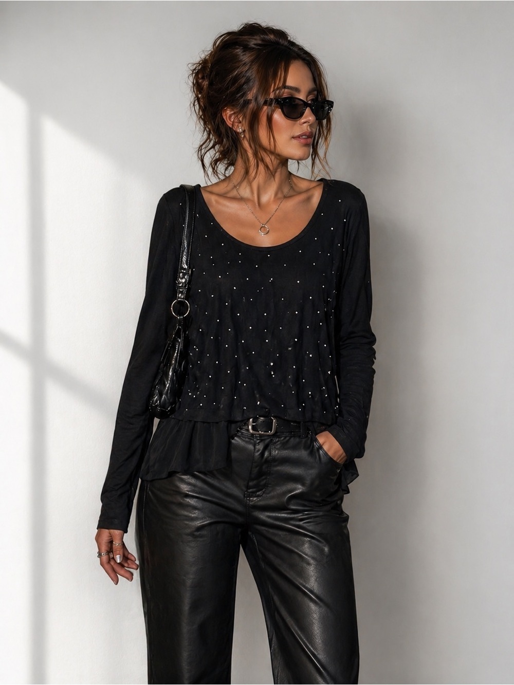 Karen Kane Black Rhinestone Studded Layered Top Elegant Sheer Hem M Size